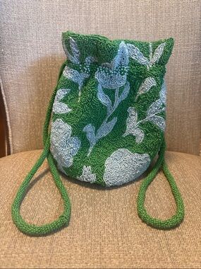 Kate Spade Green & Blue Beaded Floral Drawstring  Bag